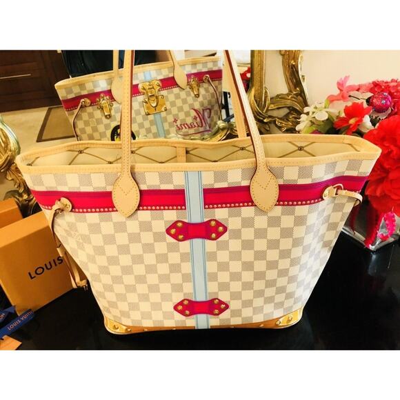 Louis Vuitton Neverfull MM Portofino Damier Azur Summer Trunk Bag Purse Rare LTD - Picture 9 of 16